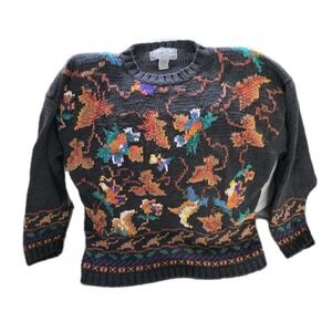 Vintage REFERENCE POINT Women Sweater Black Multi Floral Leaf Autumn 80s‎ Large